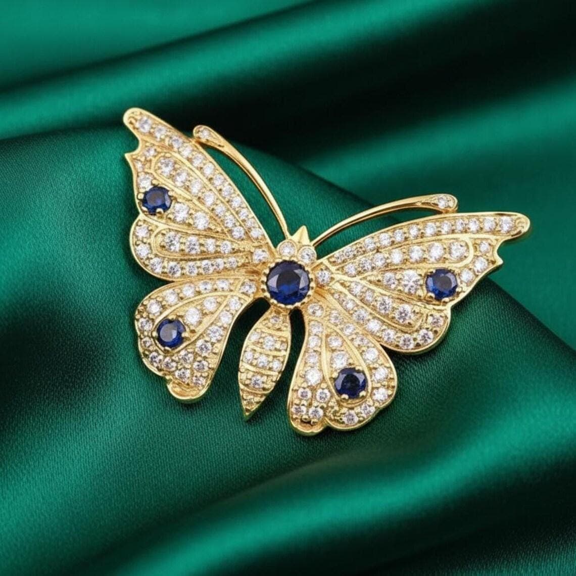 Round Cut Blue Sapphire Butterfly Brooch — View 2