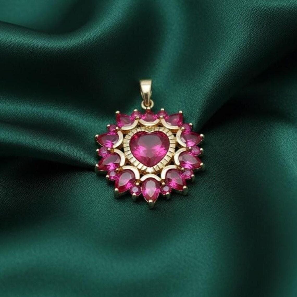 Pink Ruby Heart Cluster Pendant Necklace — View 3