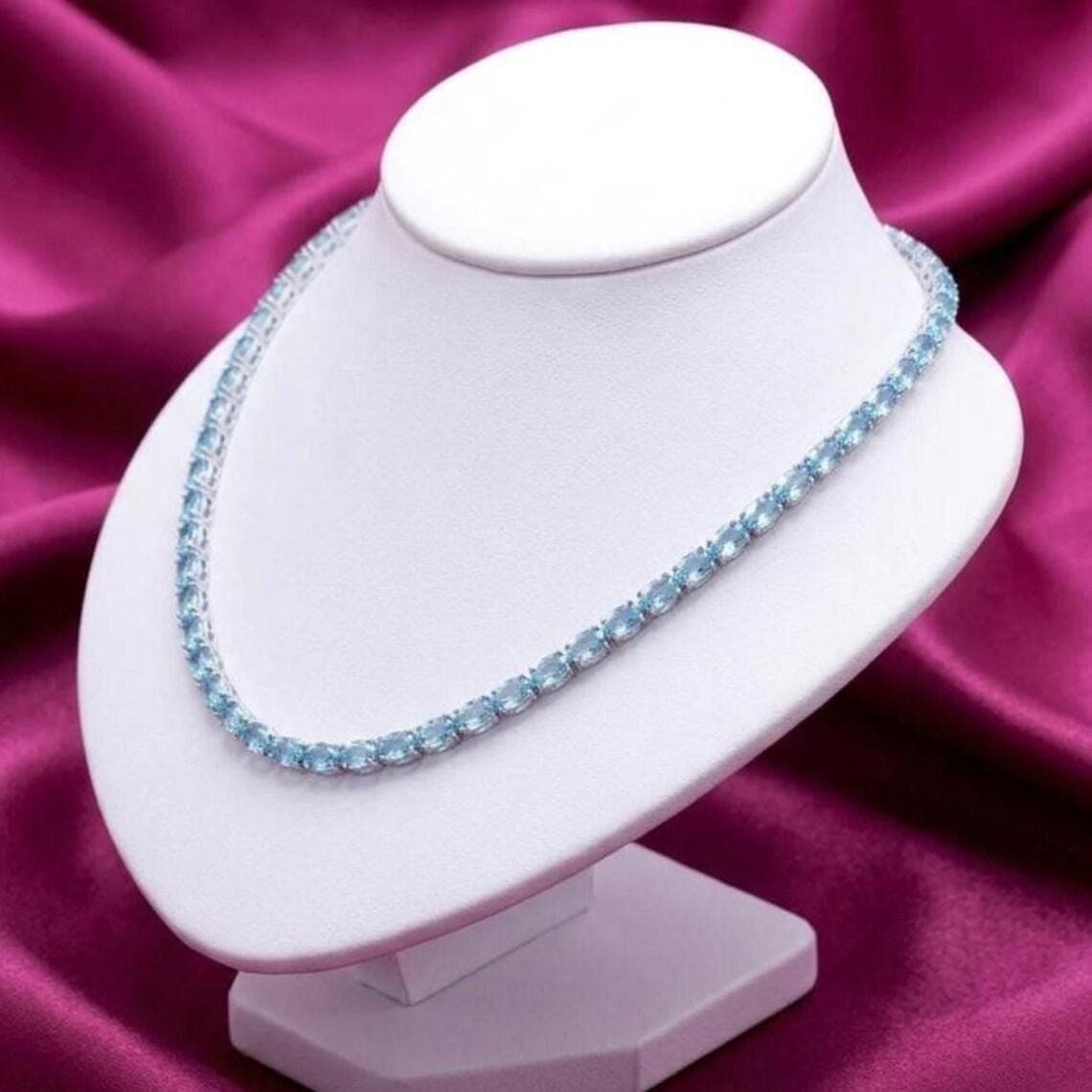 Ice Blue Oval Cut Aquamarine Tennis Necklace — View 2