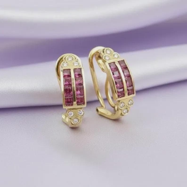 14K Gold Ruby Diamond Huggie Hoops