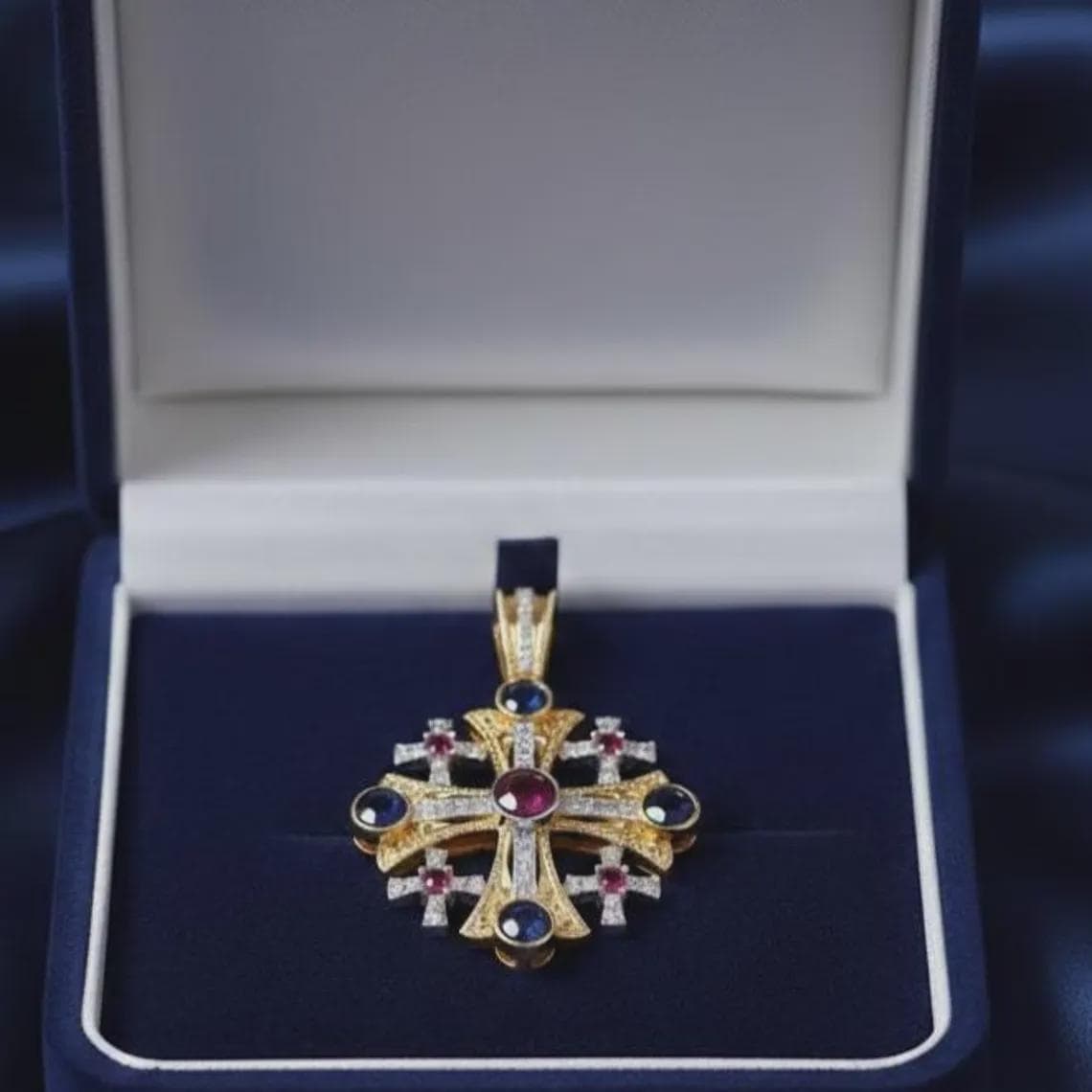 Round Sapphire & Garnet Cross Pendant Necklace For — View 4