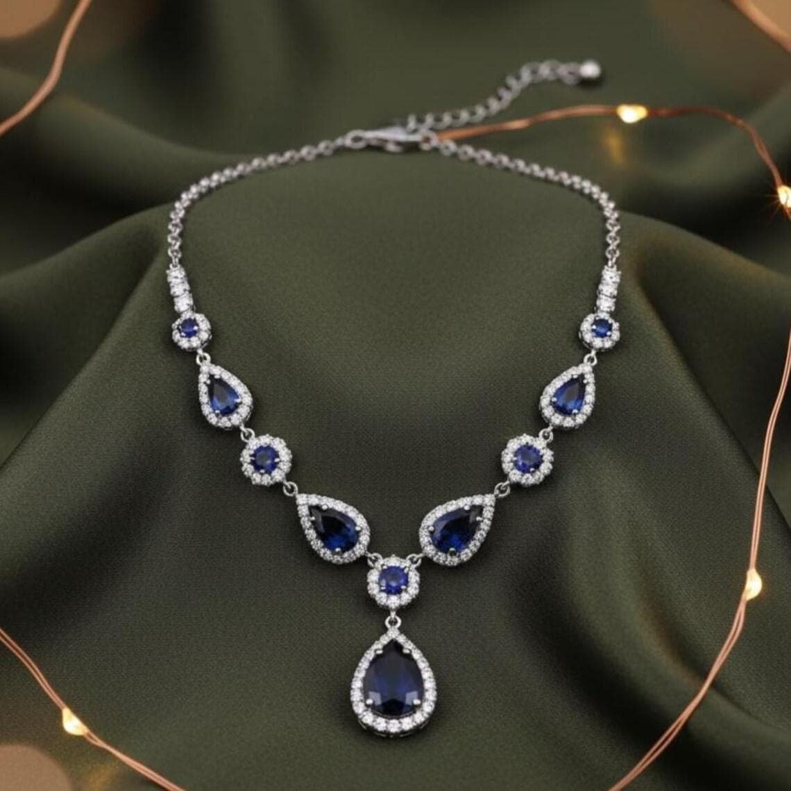 Sterling Silver Pear Cut Sapphire Diamond Bridal Necklace — View 2