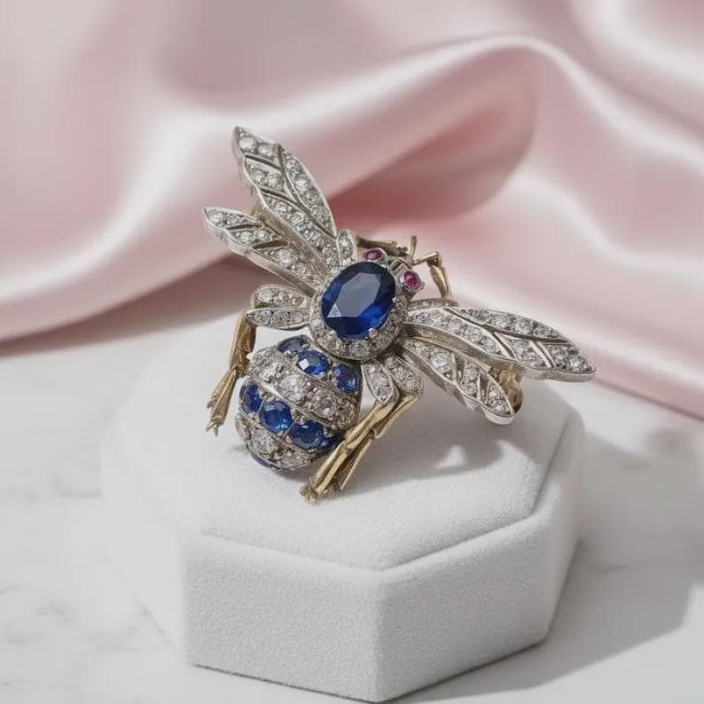 Elegant Sapphire & Diamond Bee Brooch