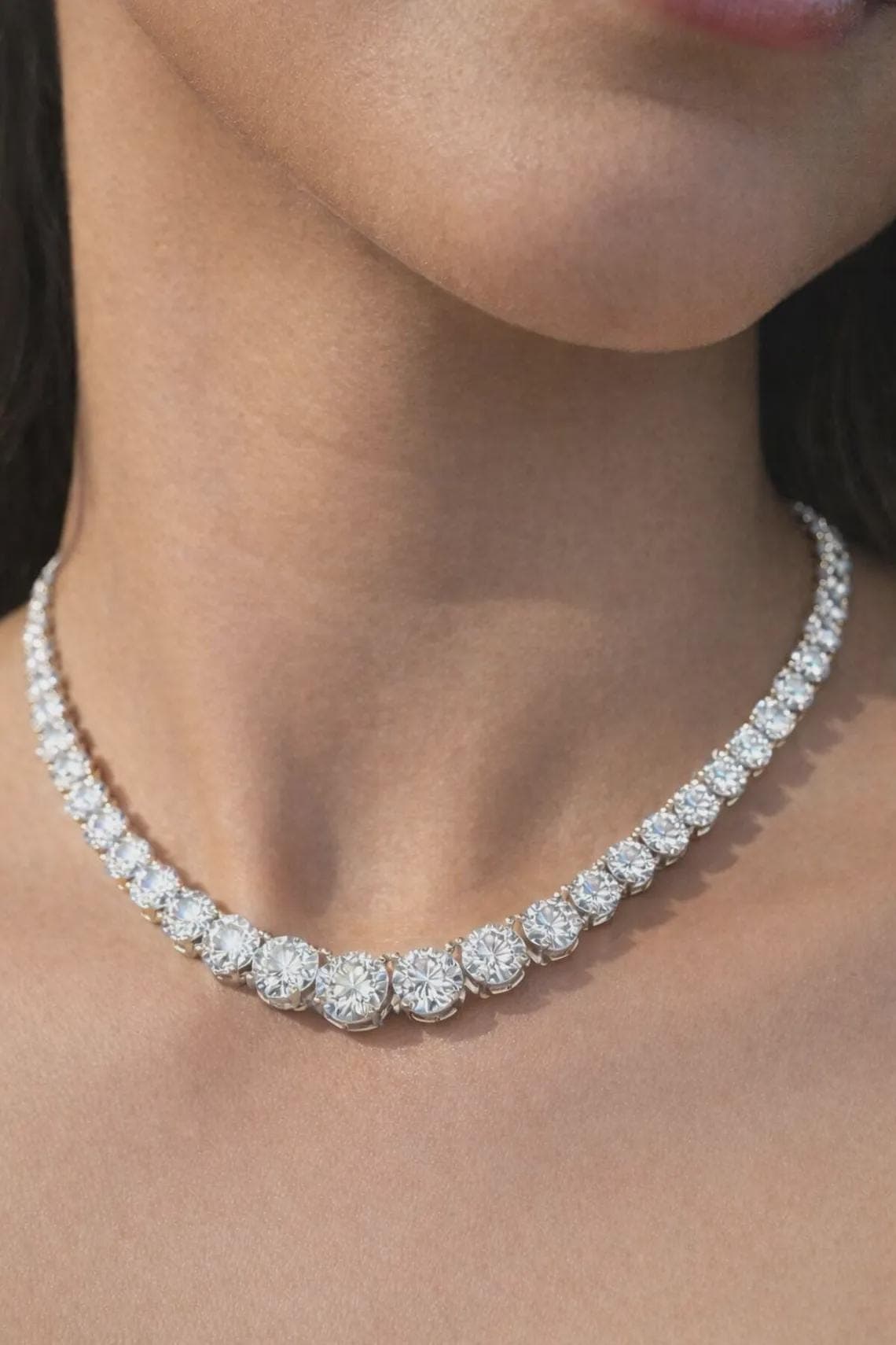 40 CTW Round Cut Moissanite Graduation Tennis Necklace — View 2