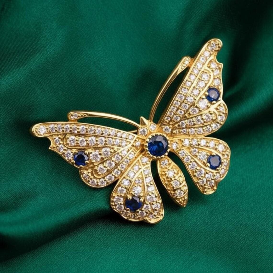 Round Cut Blue Sapphire Butterfly Brooch — View 3