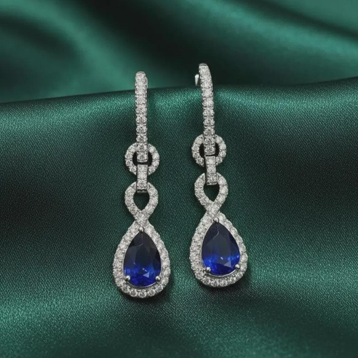 Pear Cut Blue Sapphire Halo Drop Earrings