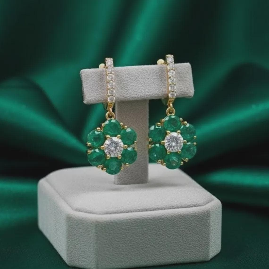 Emerald Floral Cluster Drop Earrings — View 4