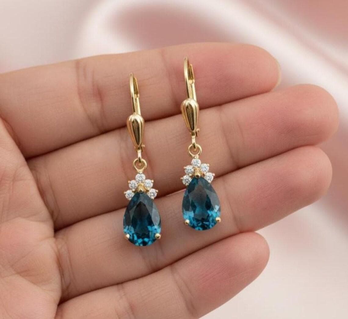 Blue Topaz Teardrop Dangle Earrings — View 2