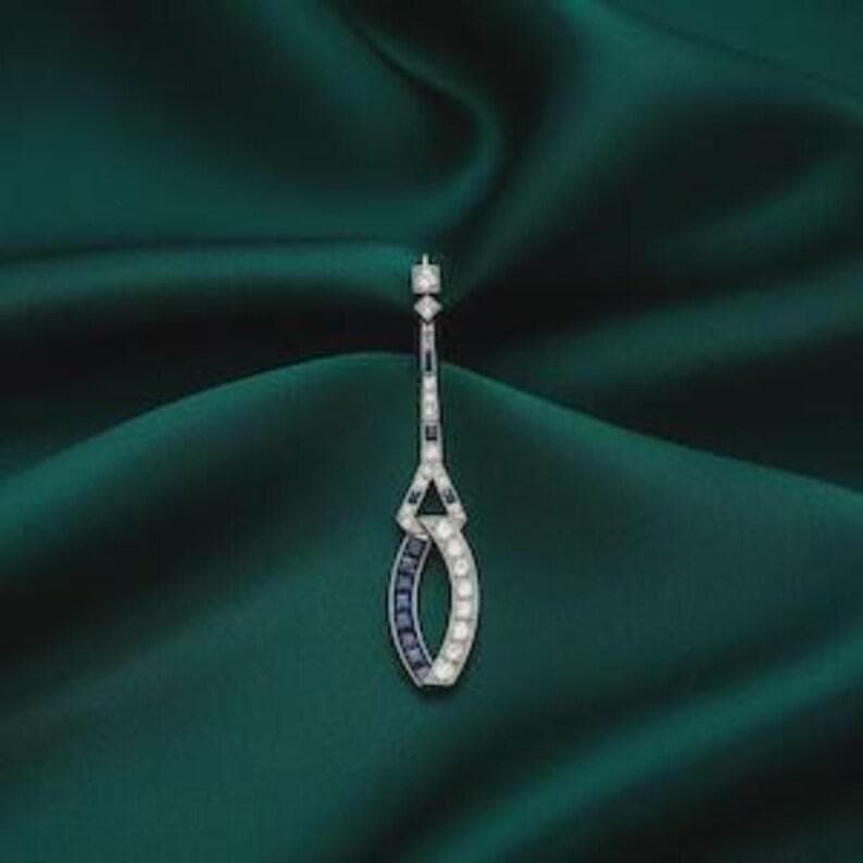 Art Deco Sapphire Diamond Dangle Earrings — View 4