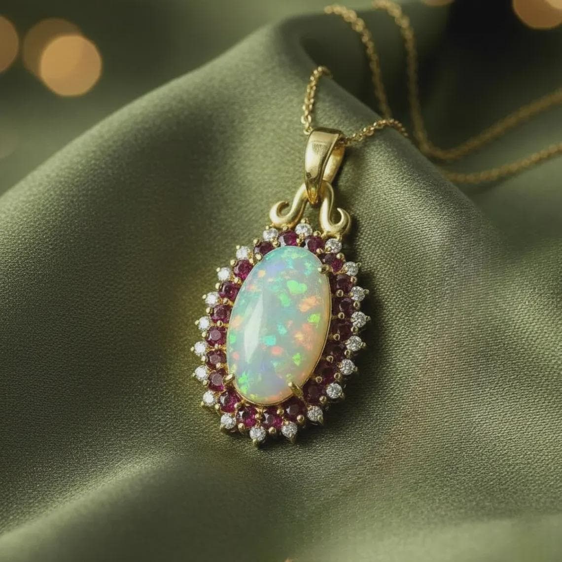 Oval Opal Garnet Diamond Halo Pendant Necklace — View 2