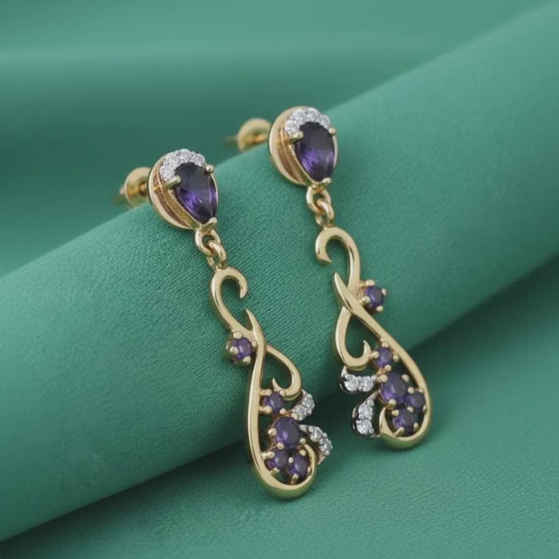 Rounded Pear Amethyst Earrings Diamond Engagement 14K Yellow — View 3