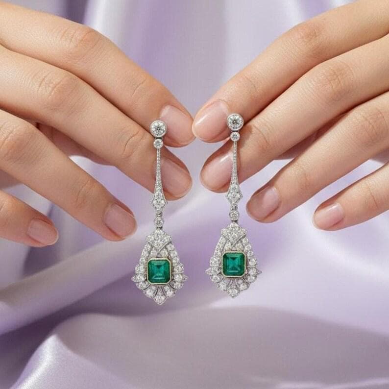 Emerald Diamond Drop Earrings — View 2