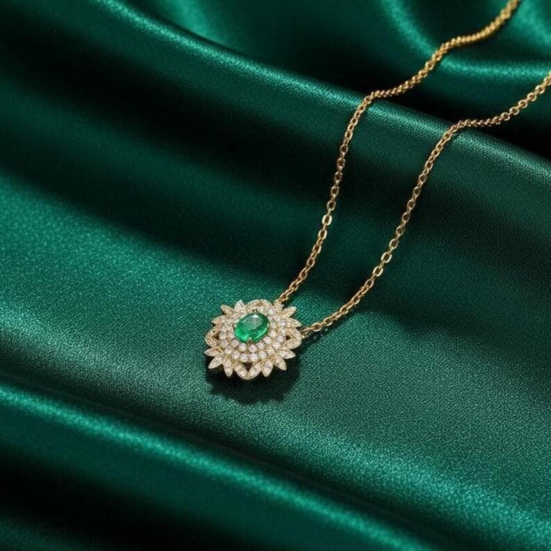 14K Gold Finish Emerald Diamond Halo Pendant Necklace — View 2