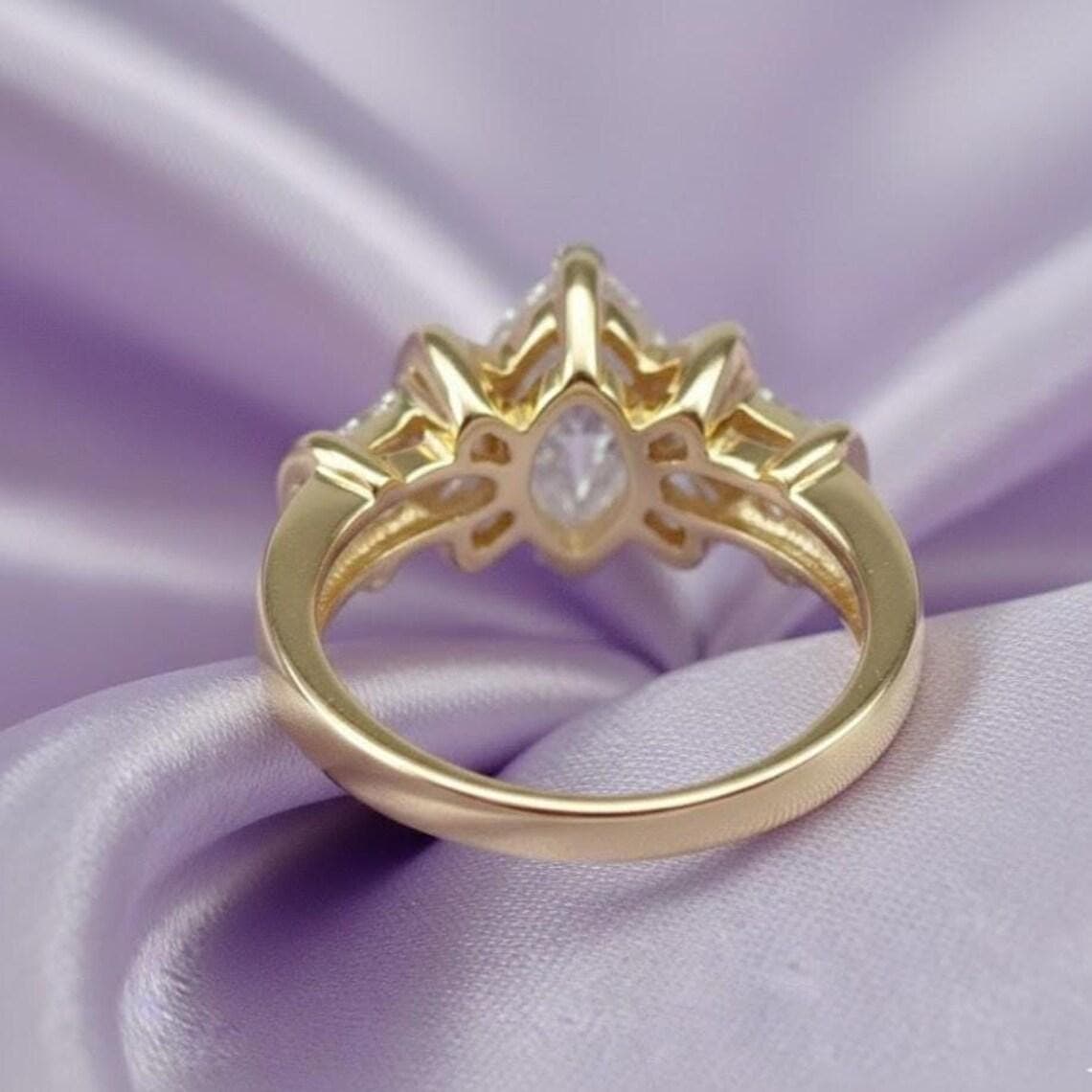 Marquise & Baguette Diamond Moissanite Engagement Ring 14K — View 4
