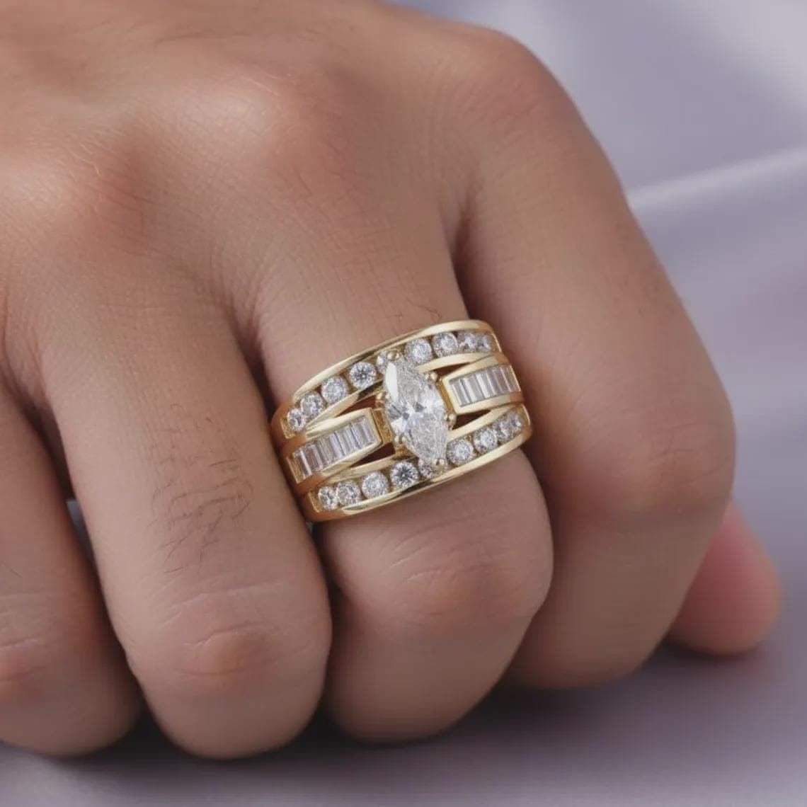 Marquise Diamond/Moissanite Unisex Statement Ring 14K Gold Plated — View 5