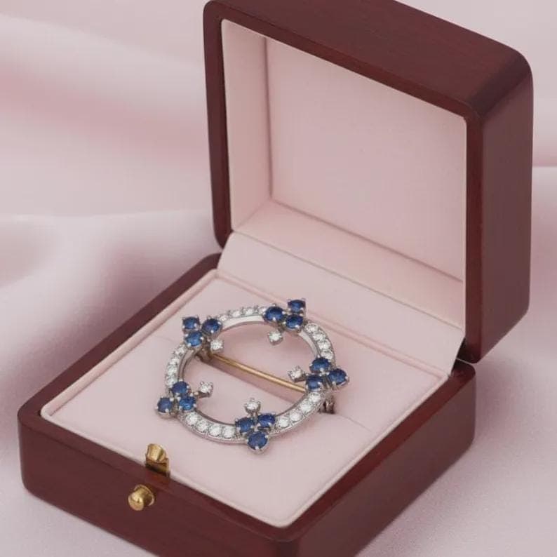 Vintage Circle Blue Sapphire Brooch with Diamond Accents — View 2