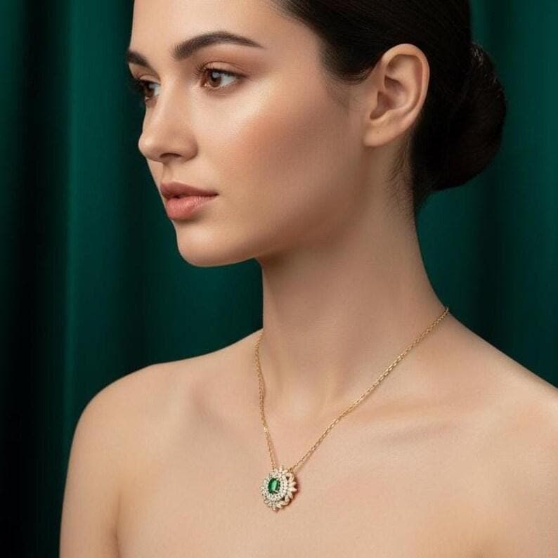 14K Gold Finish Emerald Diamond Halo Pendant Necklace — View 3