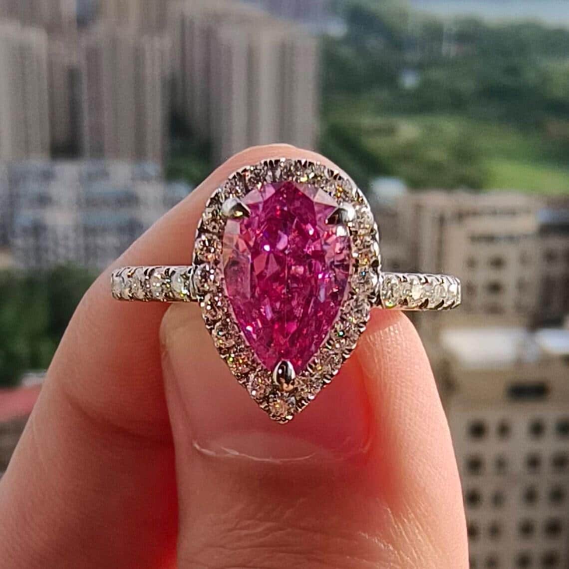 Fancy Pink Pear Cut Moissanite Engagement Ring