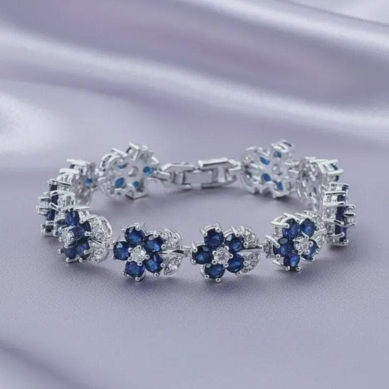Blue Sapphire Flower Bracelet with Diamond Accents Elegant
