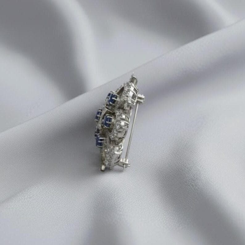 Vintage Blue Sapphire Floral Brooch with Diamond Accents — View 3