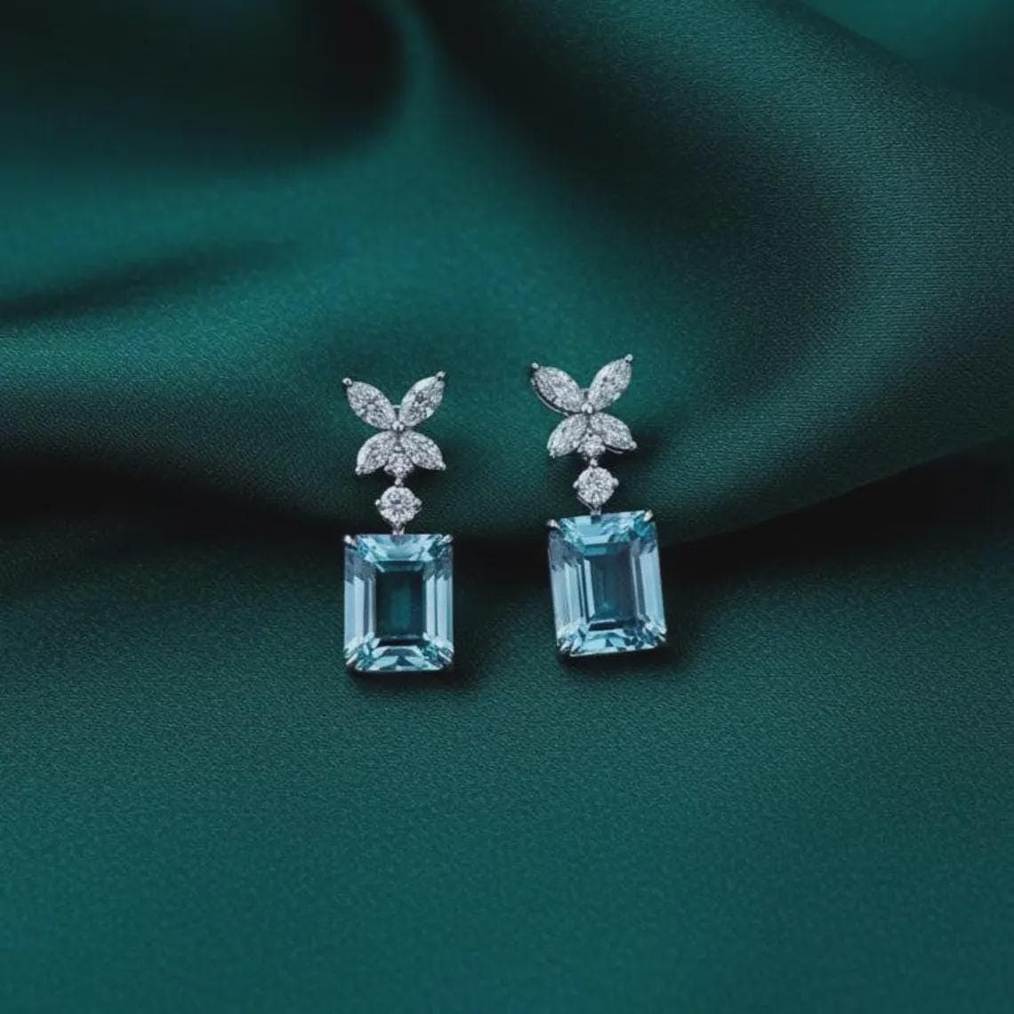 Aquamarine Emerald Cut Dangle Earrings — View 4