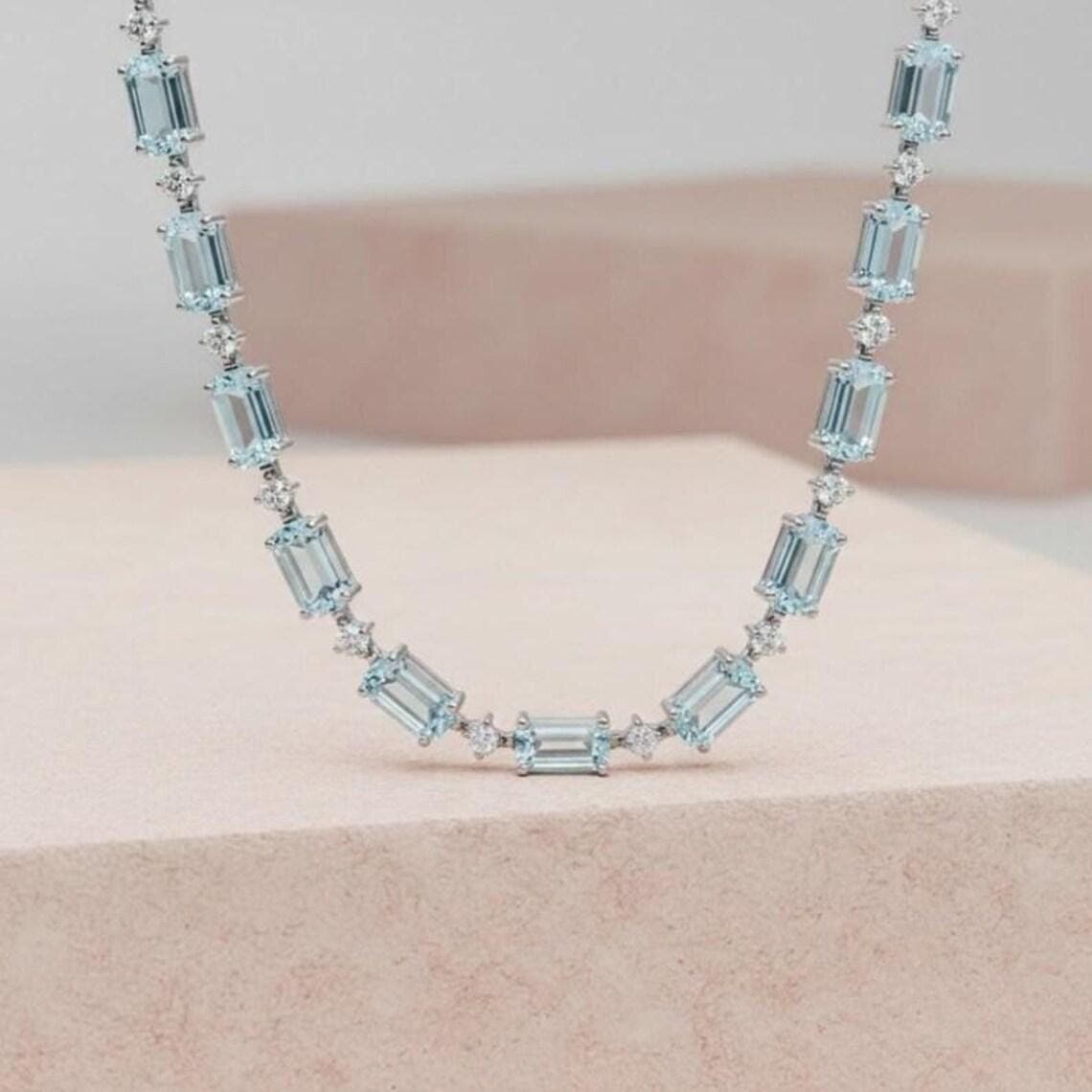 Emerald Cut Blue Topaz Tennis Necklace — View 2
