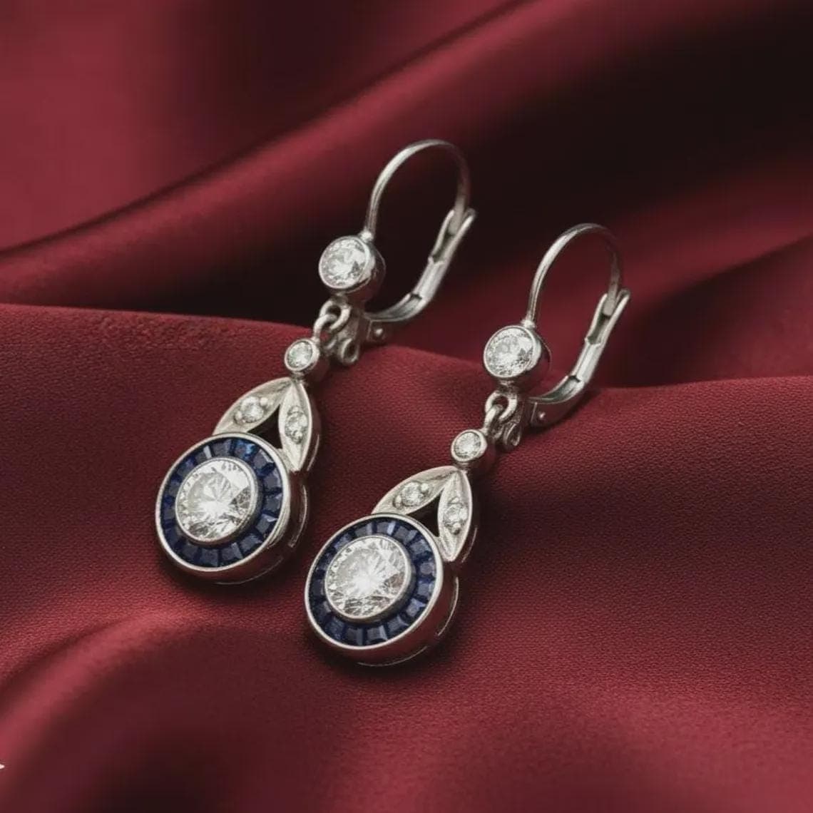 Art Deco Sapphire Diamond Drop Earrings — View 3