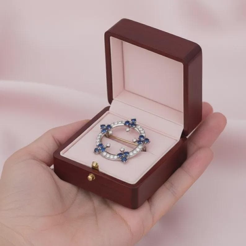 Vintage Circle Blue Sapphire Brooch with Diamond Accents — View 5