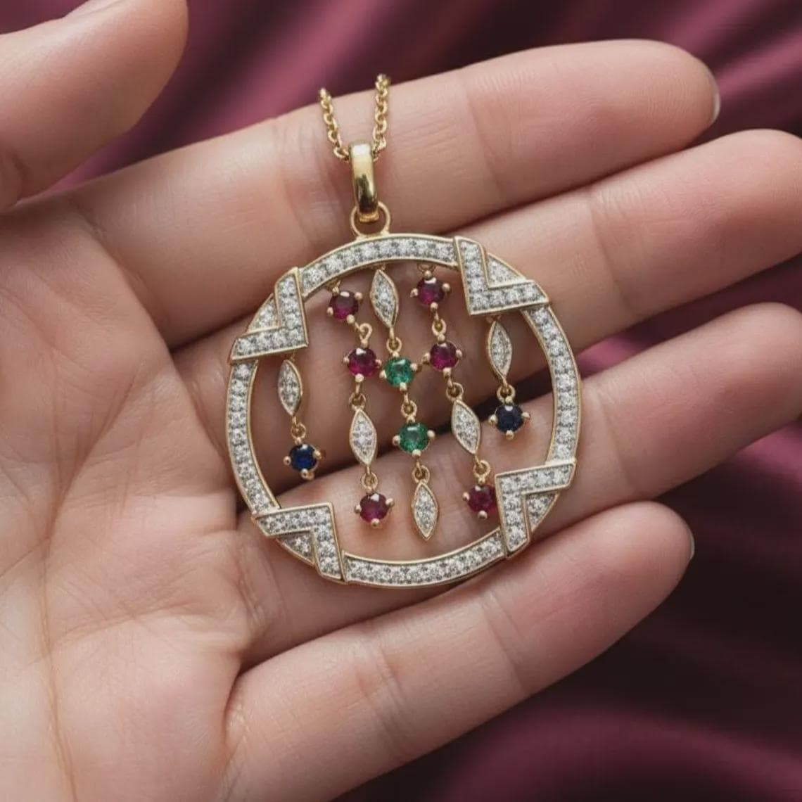 Luxury Precious Stone Cluster Pendant 14K Gold Plated — View 2