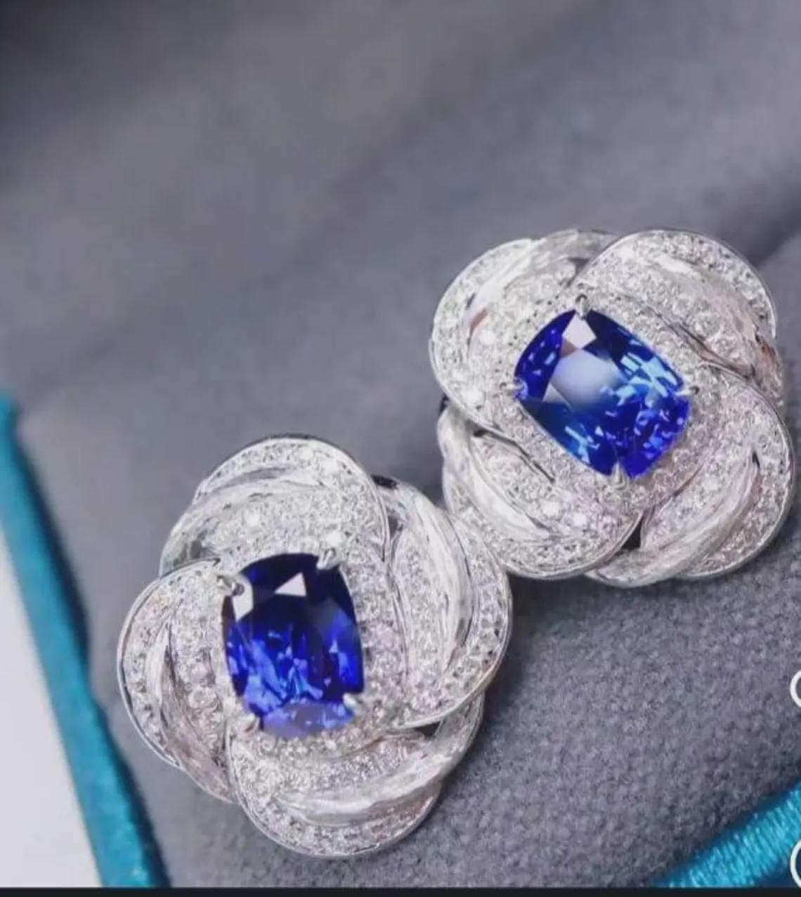 Cushion Cut Blue Sapphire Halo Stud Earrings — View 2