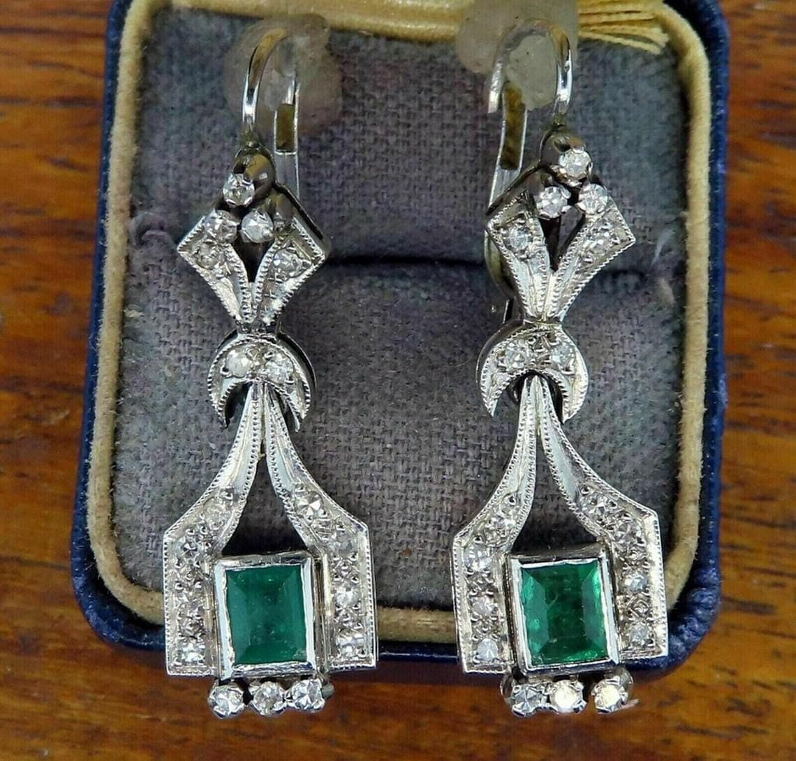Art Deco Emerald & Diamond Drop Earrings