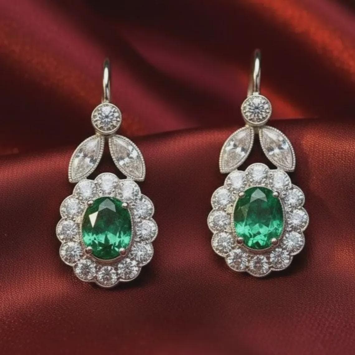 Emerald Moissanite Halo Drop Earrings