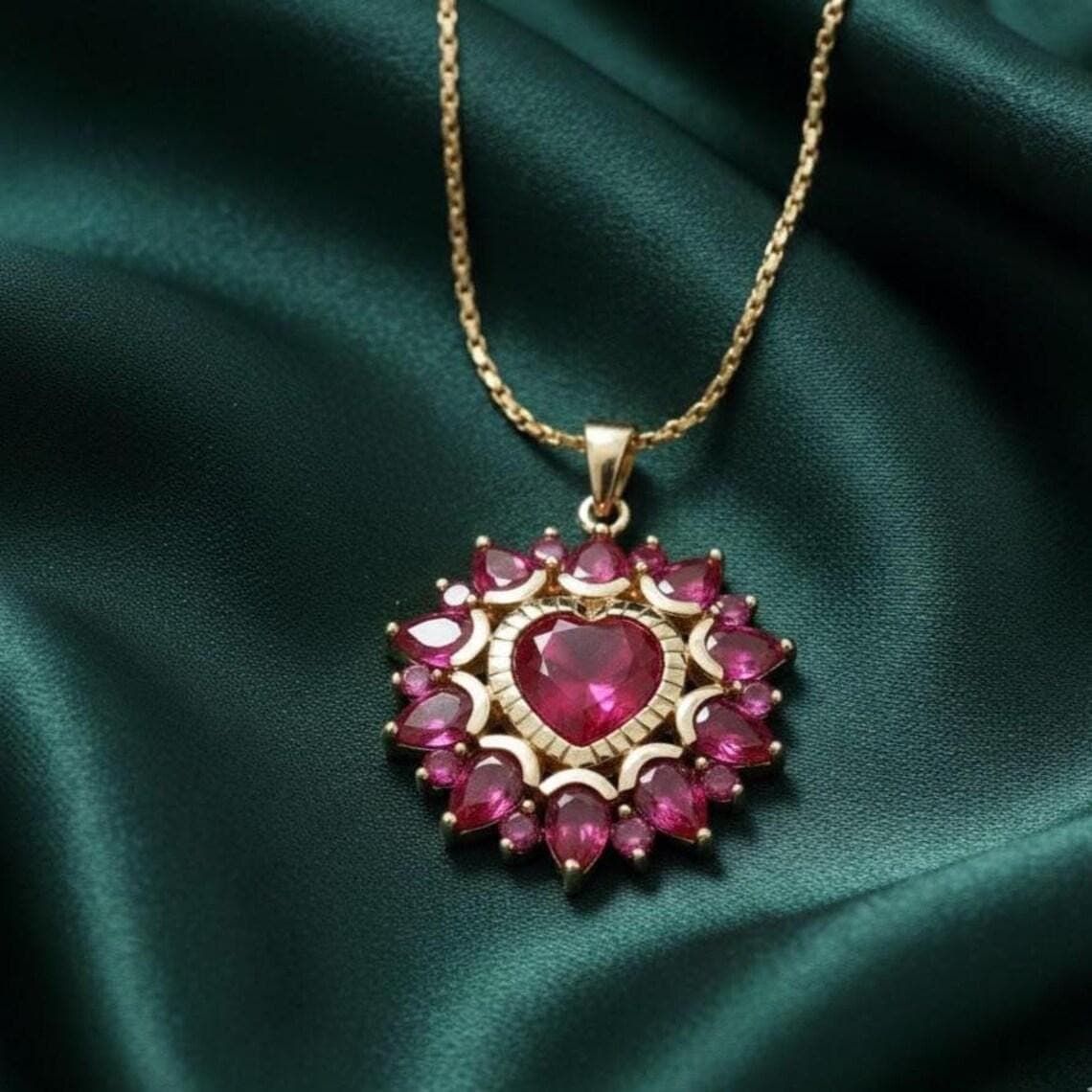 Pink Ruby Heart Cluster Pendant Necklace — View 5