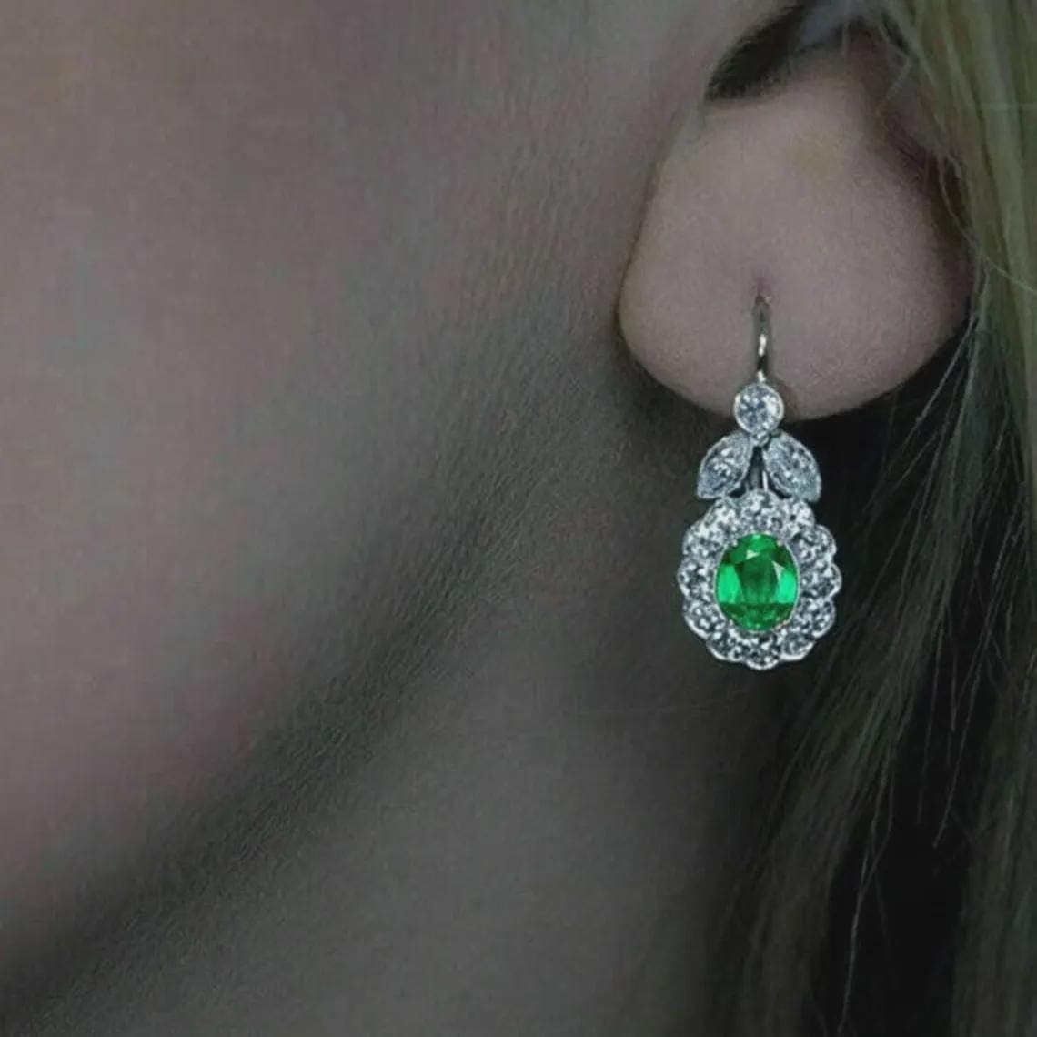 Emerald Moissanite Halo Drop Earrings — View 5