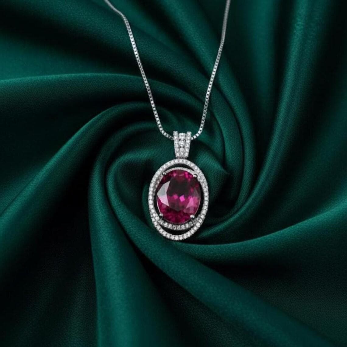 Oval Pink Ruby Halo Pendant Necklace — View 3