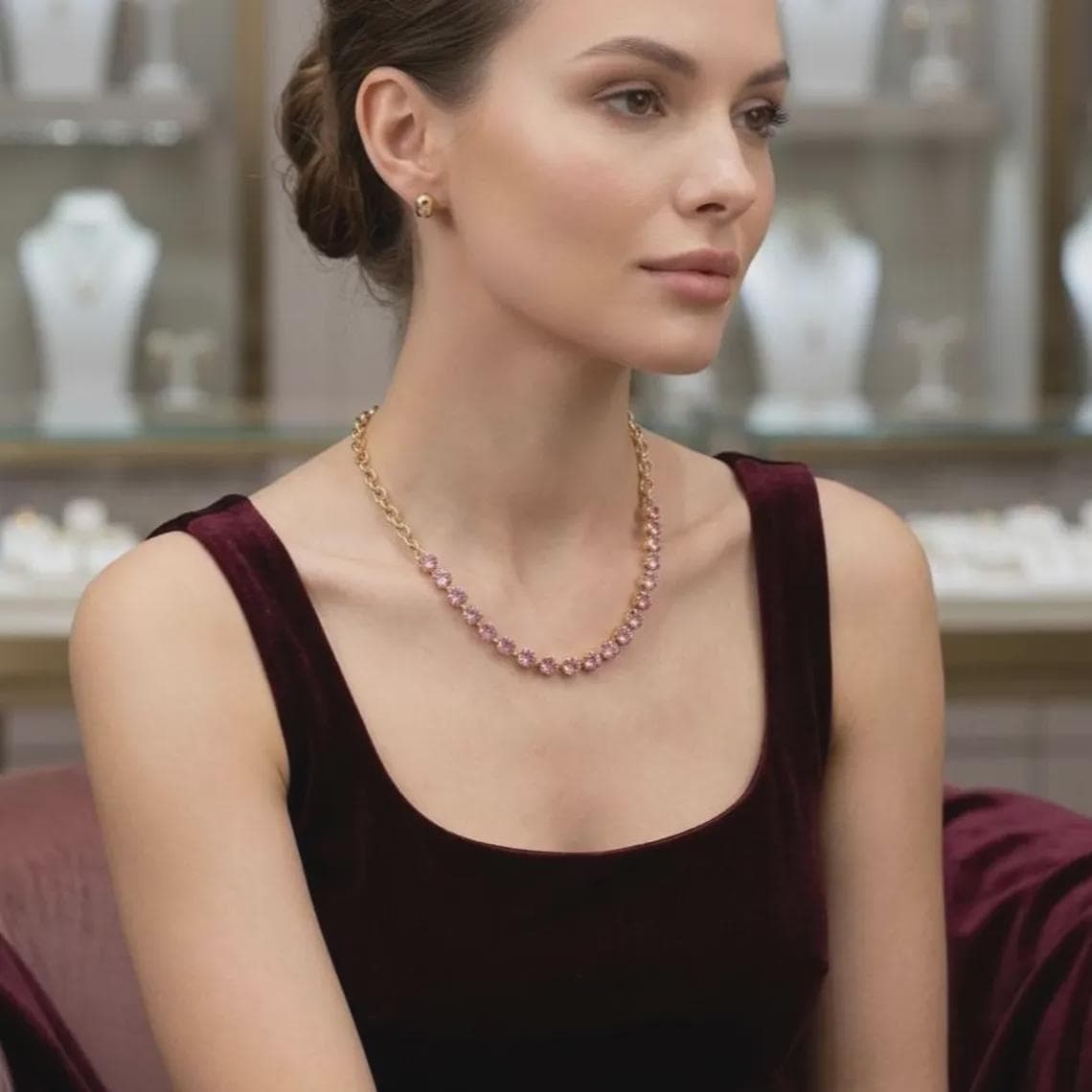 Rosé Blossom Round Cut Pink Sapphire Tennis Necklace — View 2