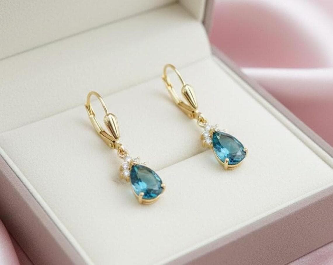 Blue Topaz Teardrop Dangle Earrings — View 3