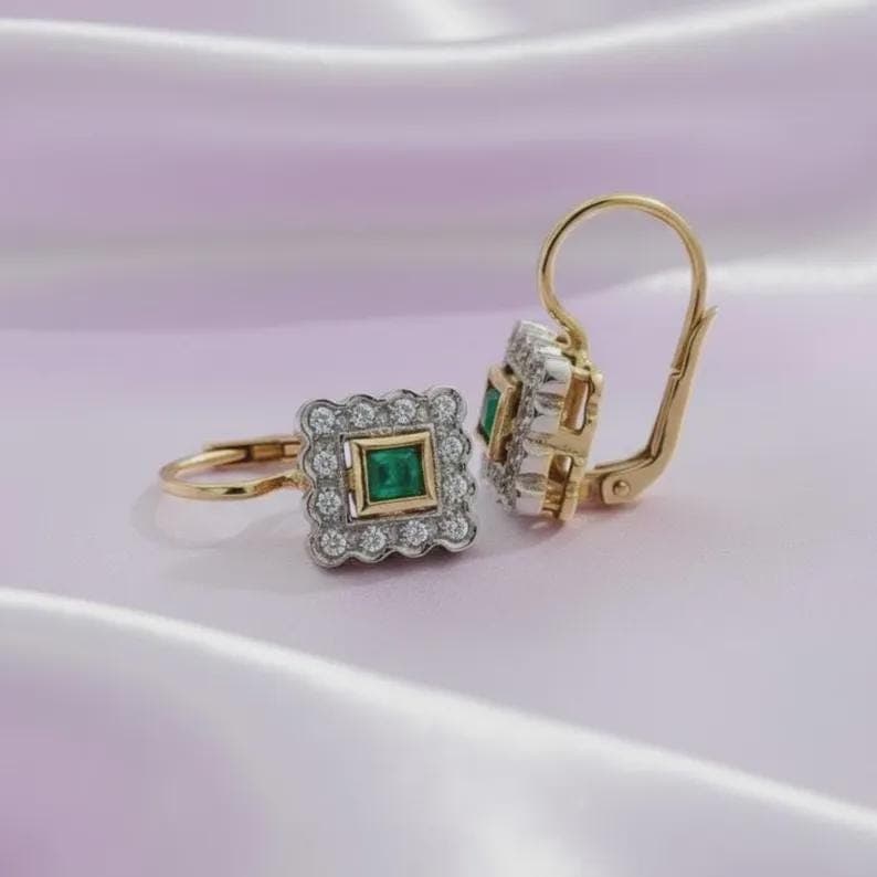 Princess Cut Emerald Halo Dangle Earrings — View 5