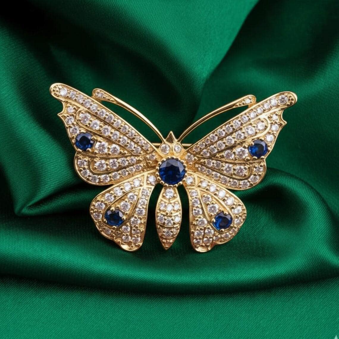 Round Cut Blue Sapphire Butterfly Brooch