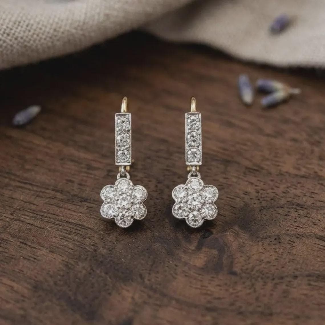 Vintage Diamond Flower Drop Earrings — View 4