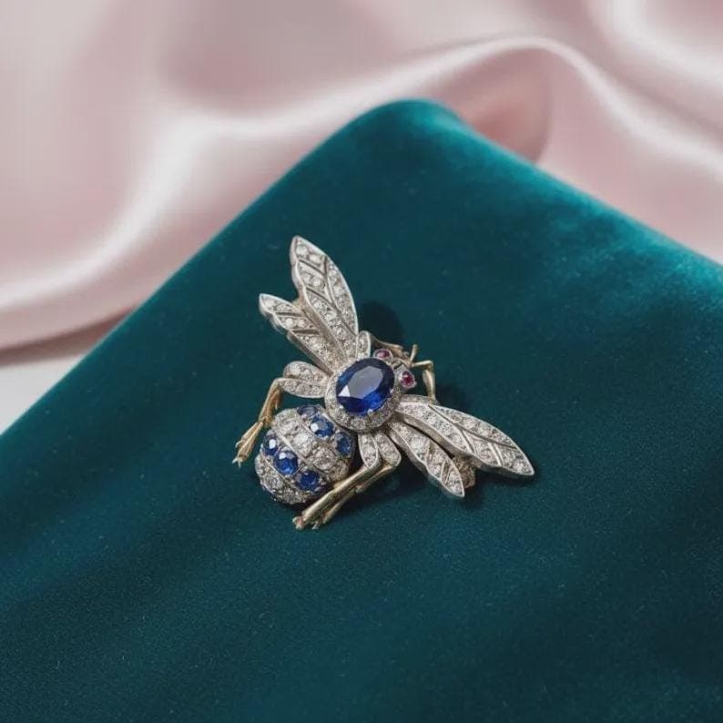 Elegant Sapphire & Diamond Bee Brooch — View 2