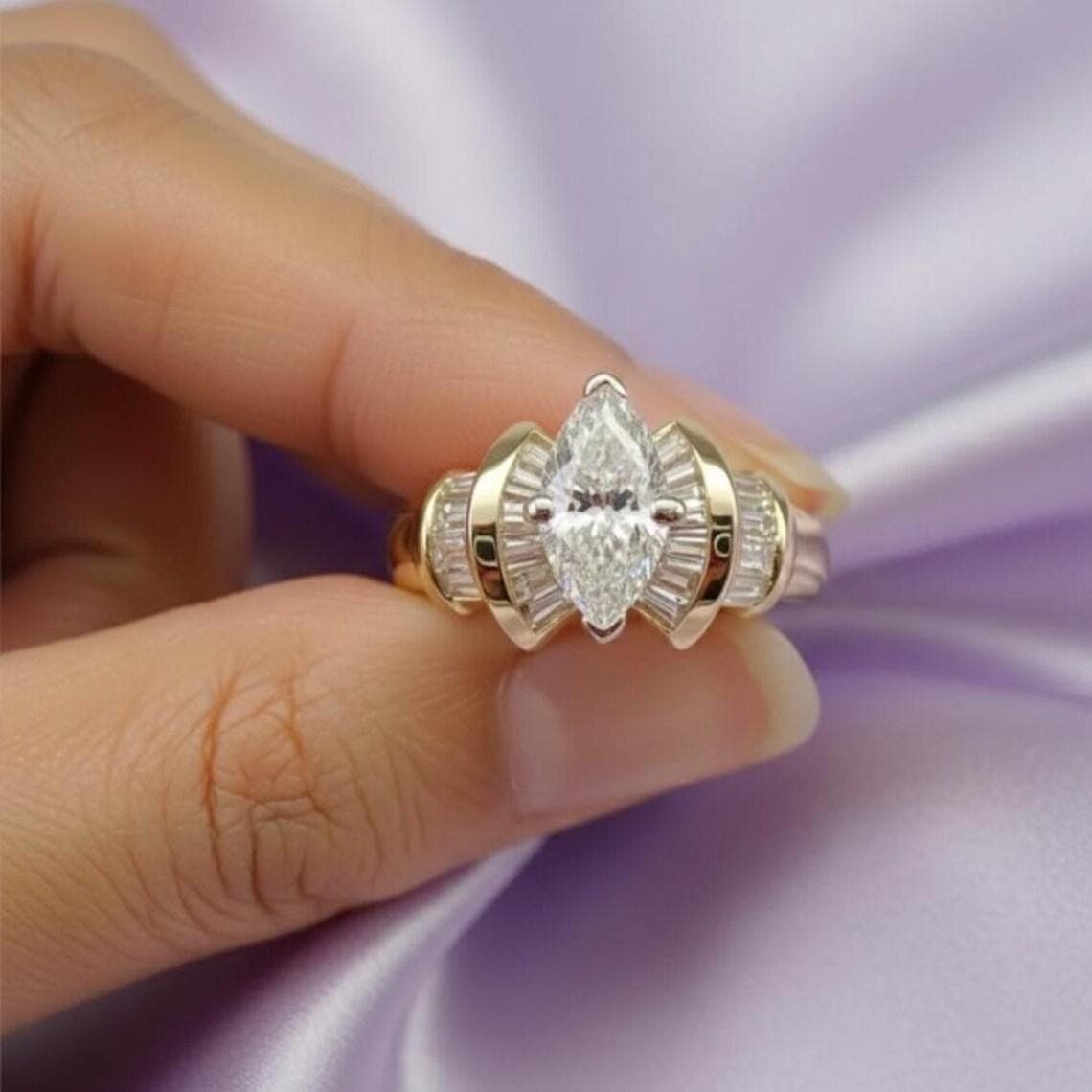 Marquise & Baguette Diamond Moissanite Engagement Ring 14K — View 5