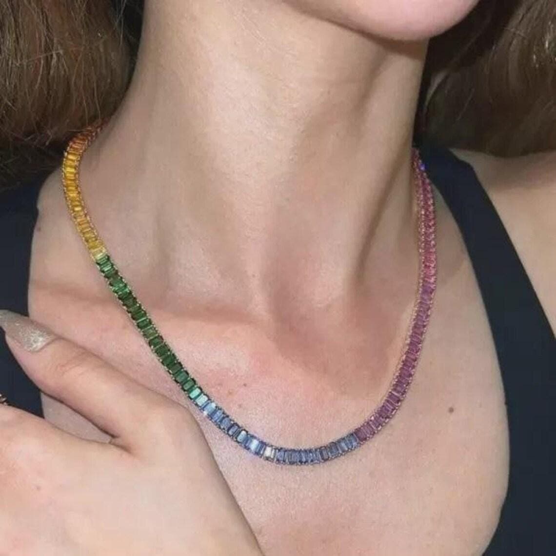 Rainbow Emerald Tennis Necklace — View 5