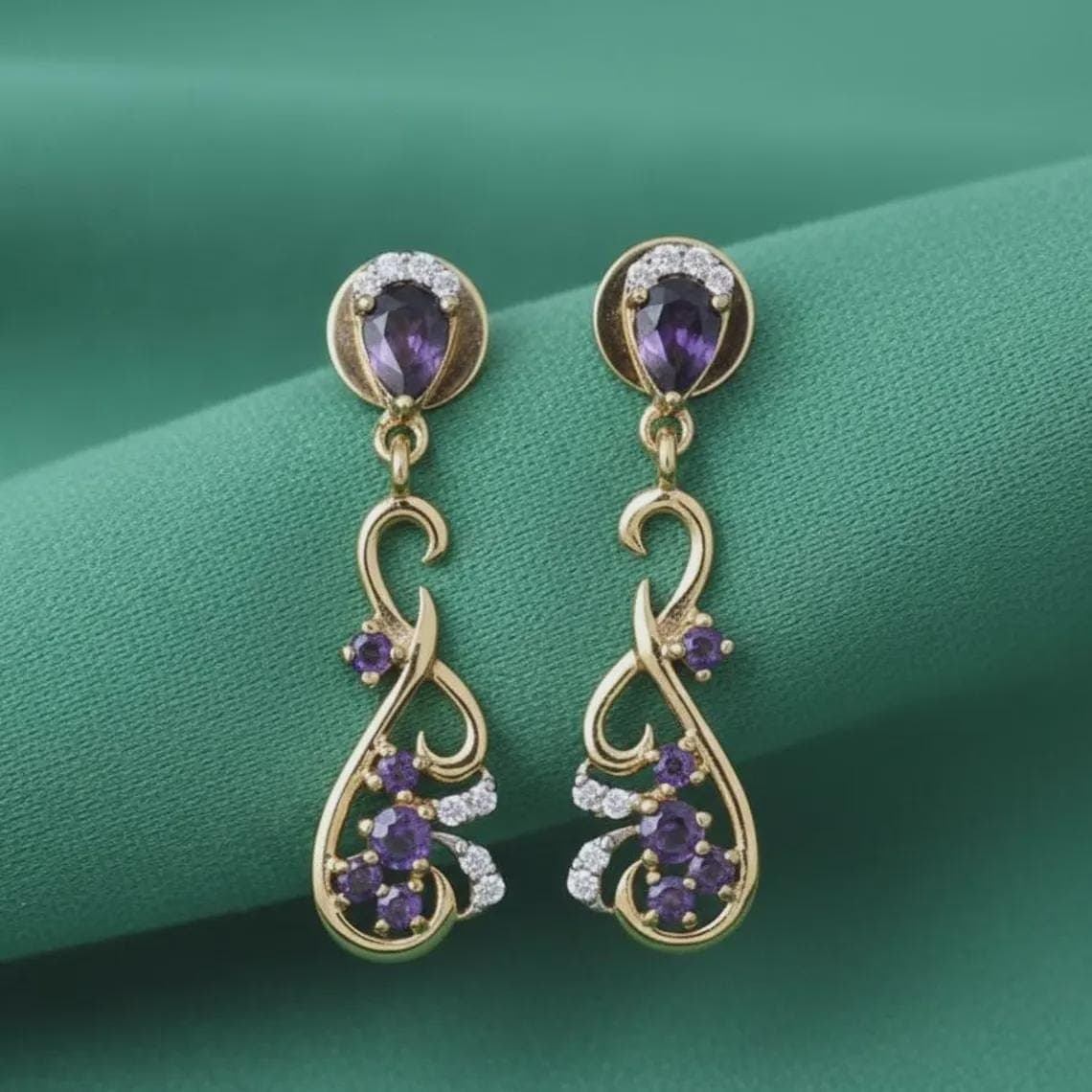 Rounded Pear Amethyst Earrings Diamond Engagement 14K Yellow