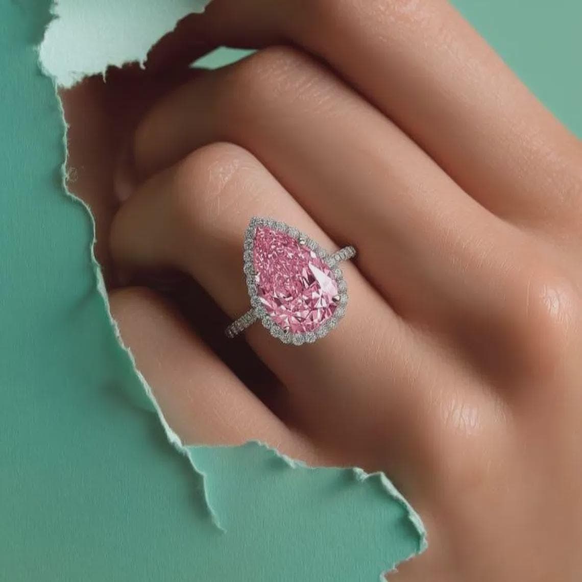 Pink Pear Cut Moissanite Halo Ring - Sterling