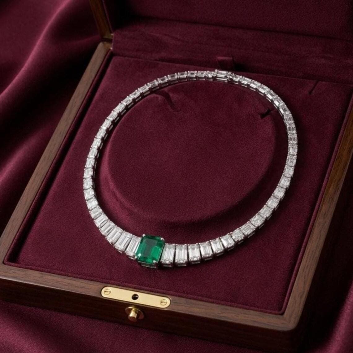 Green Emerald Cut Solitaire Tennis Necklace 14K Gold — View 4