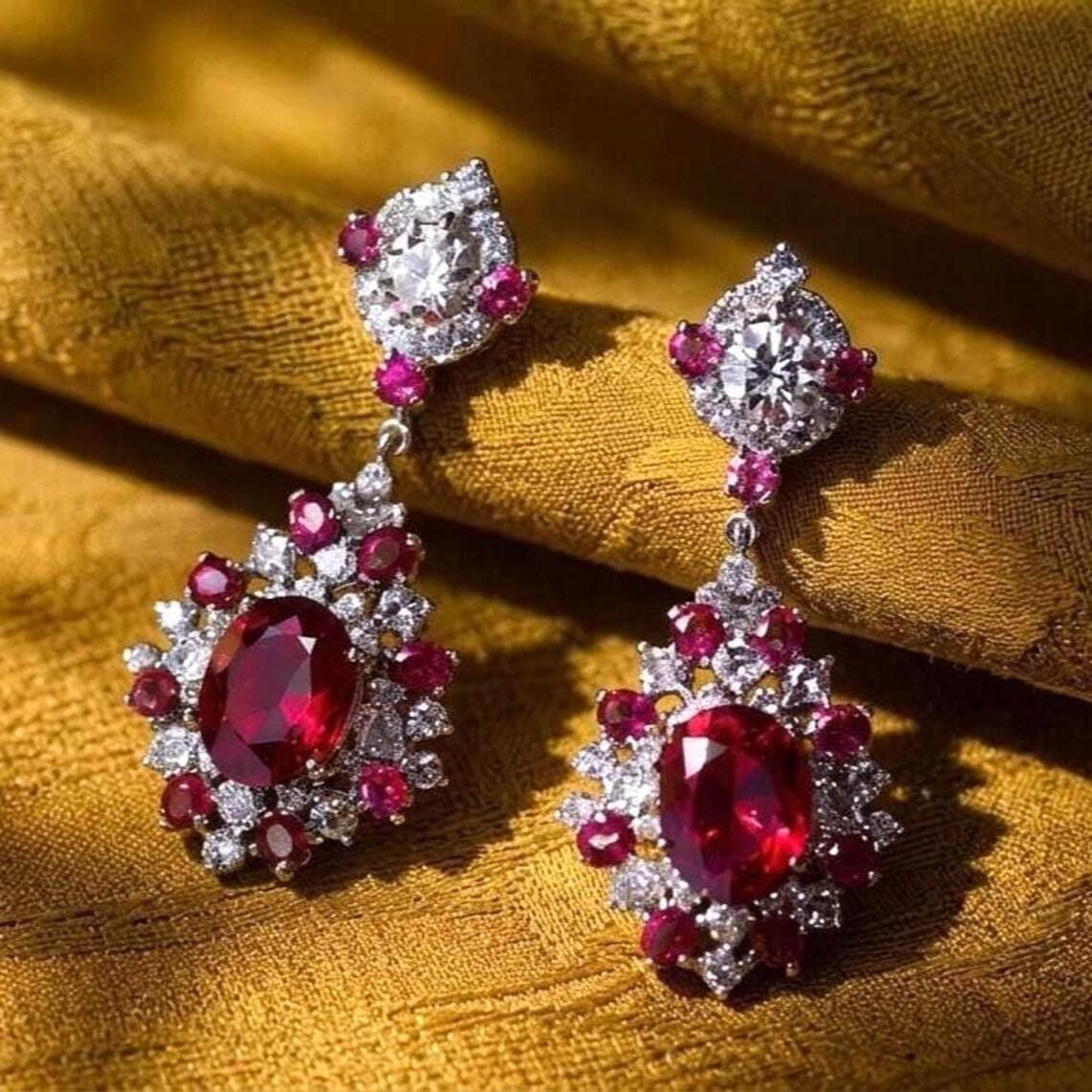 Vintage Oval Ruby Drop Earrings for Women's — View 2