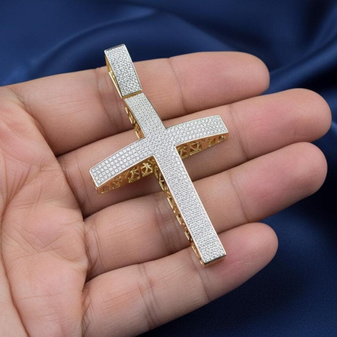 Men's Moissanite/Diamond Cross Pendant 14k Gold Plated Silver