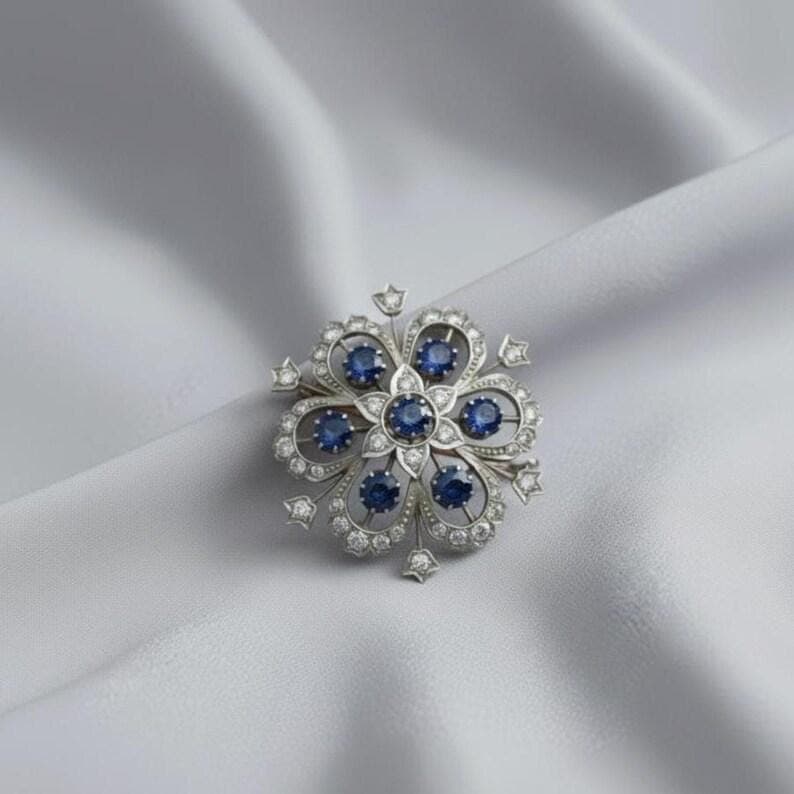 Vintage Blue Sapphire Floral Brooch with Diamond Accents — View 2
