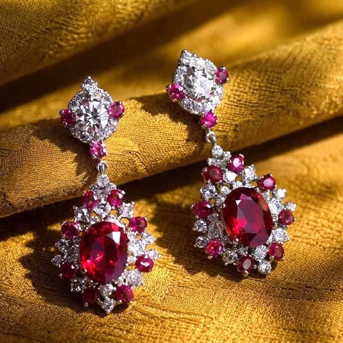 Vintage Oval Ruby Drop Earrings for Women's